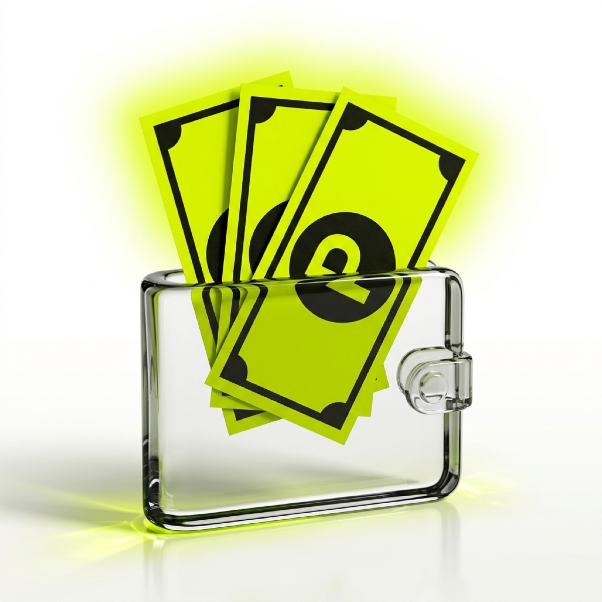 A clear glass wallet with three neon banknotes rising out of it, each carrying the letter P